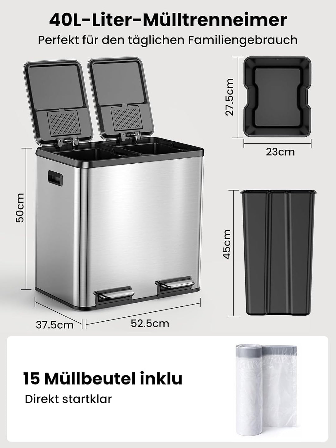 YEAUPE PRO Mülleimer Küche 40L (2x20L), Edelstahl Treteimer mit Fusspedal,Doppel Mülltrennung,Heraus