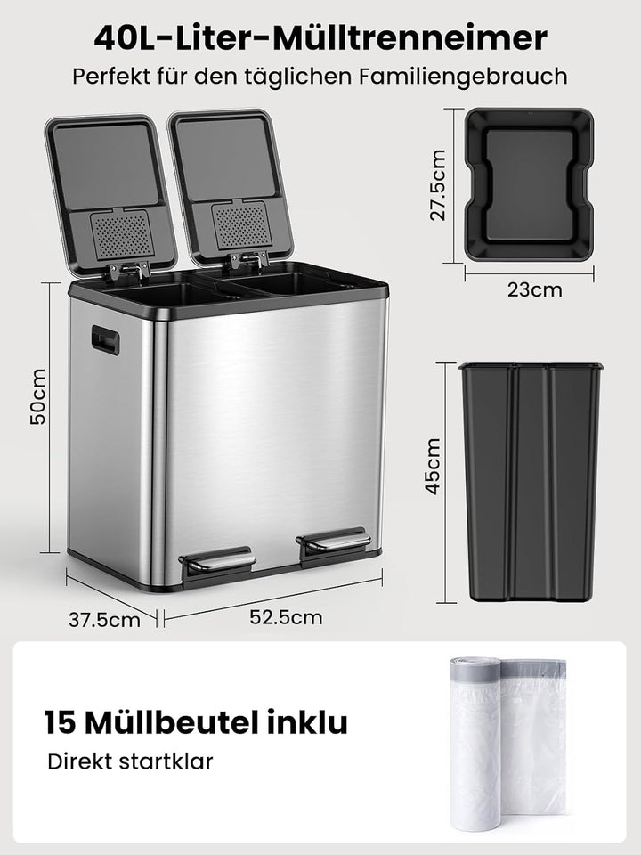 YEAUPE PRO Mülleimer Küche 40L (2x20L), Edelstahl Treteimer mit Fusspedal,Doppel Mülltrennung,Heraus