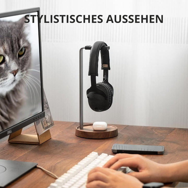 muso wood Kopfhörer Ständer Headset Halterung für Tisch aus Walnussholz und Aluminium, universeller