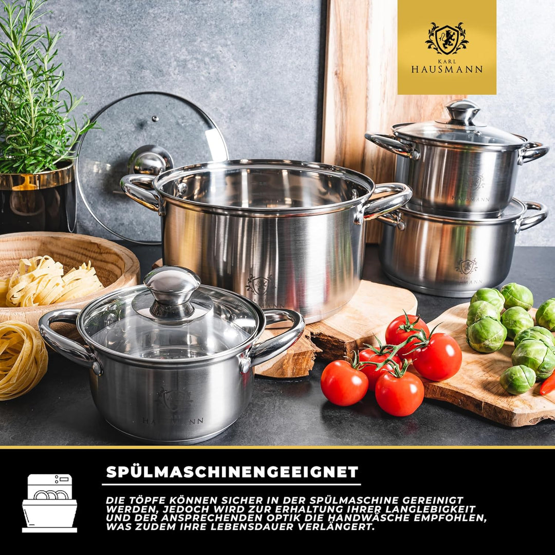 Topfset Induktion Edelstahl 4-Teilig - Kochtöpfe für Alle Herdarten - Kochtopf Set mit Glasdeckel -