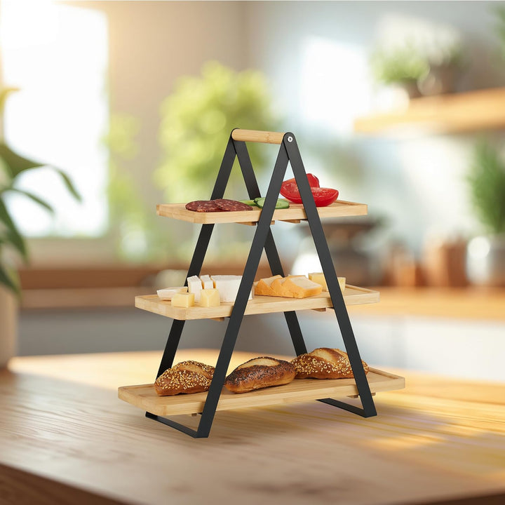 Relaxdays Etagere, 3 Etagen, Bambus, Metall, länglich, Griff, Kuchen, HBT 42x41x16,5 cm, Servierstän