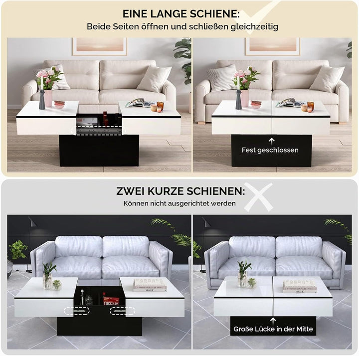 VOWNER Couchtisch, Moderner Couchtisch, Ausziehbarer Schreibtisch, Wohnzimmertisch mit 2 Stauräume,