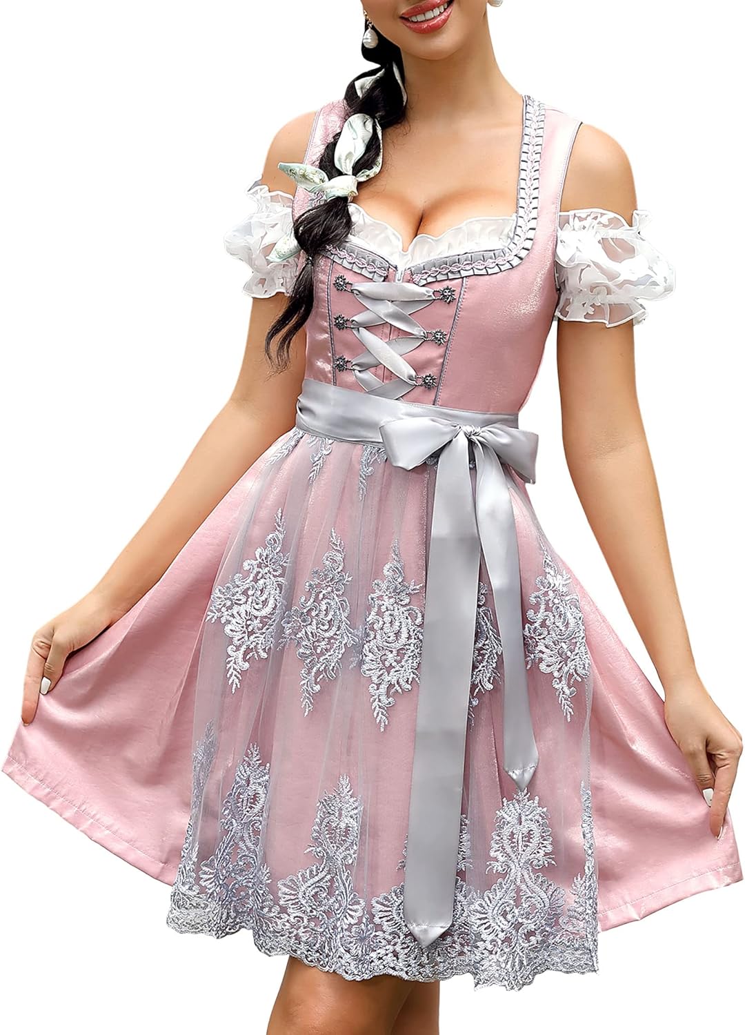 KOJOOIN Damen Dirndl Trachtenkleid Kurz Set 3tlg. für Oktoberfest inkl. Dirndl Kleid,Dirndlschürze,D