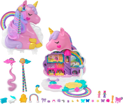 Polly Pocket HMX18 -Mini-Spielzeug, Regenbogen-Einhorn-Salon-Styling-Kopf und Schatullen-Spielset mi