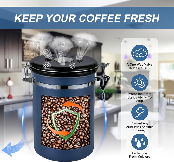 ROCKY&CHAO Kaffeedose Luftdicht aus Edelstahl 1,8L Kaffeebhnen Behälter 600g Vorratsdose für Tee Nüs
