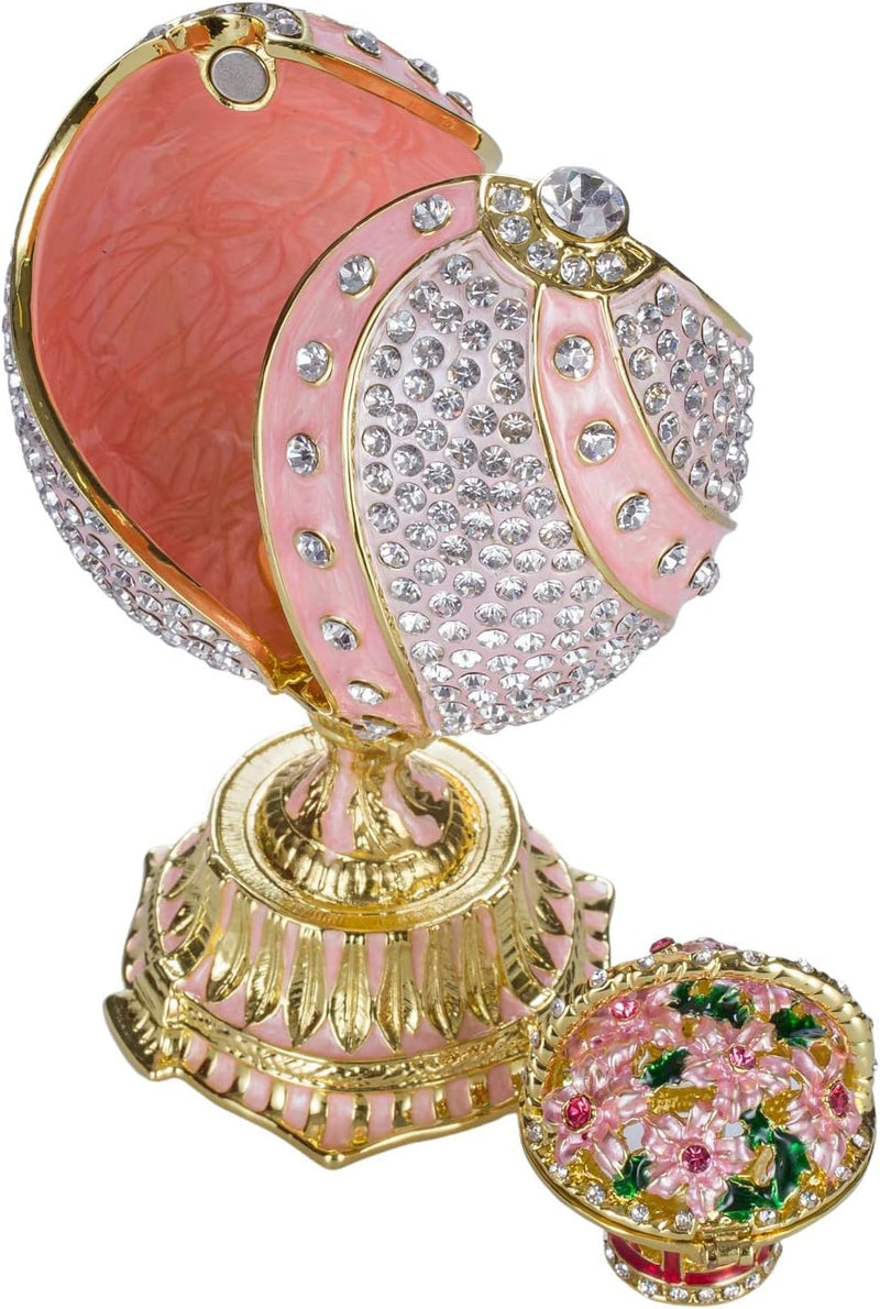 danila-souvenirs Fabergé-Stil verdrehtes Ei mit Korb der Blumen 12 cm rosa