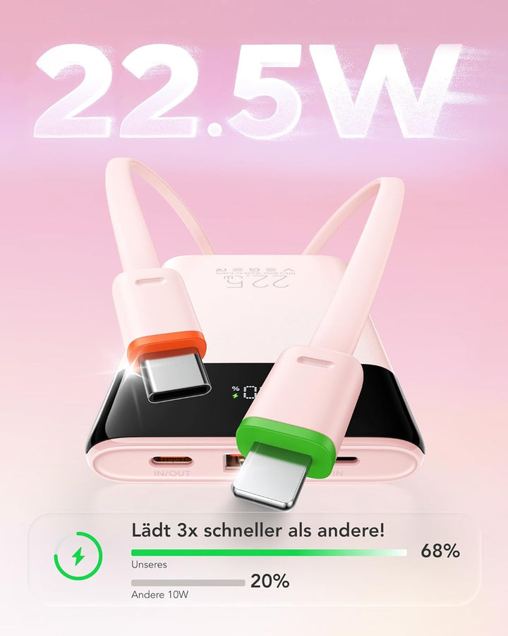VEGER Power Bank 10000mAh Klein, 22.5W Schnellladung PowerBank mit Integriertem USB-C Kabel, Externe