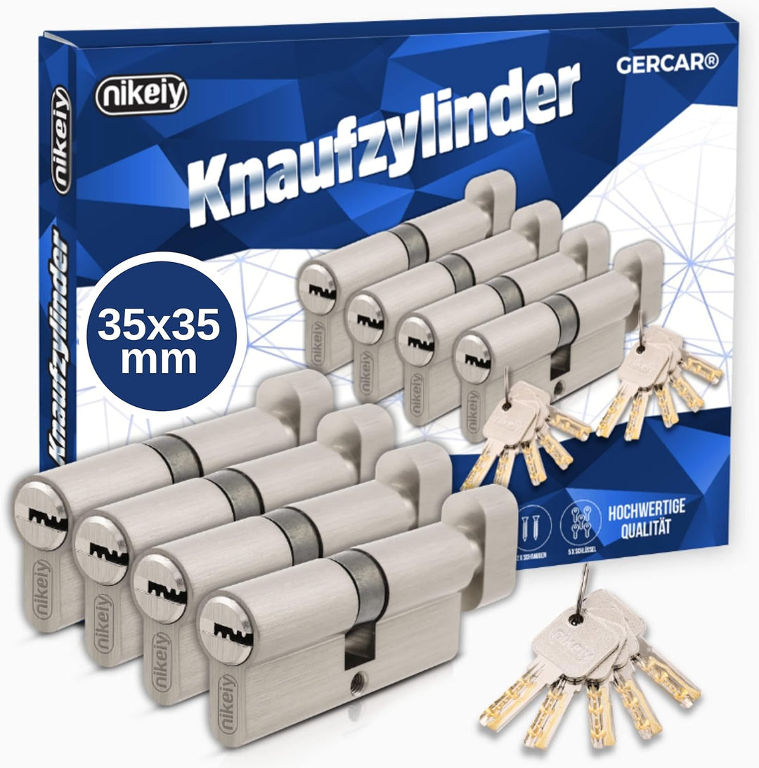 GERCAR Pro 4er Set Knaufzylinder gleichschliessend 70mm Schliesszylinder mit Knauf 35/35 Zylinder -