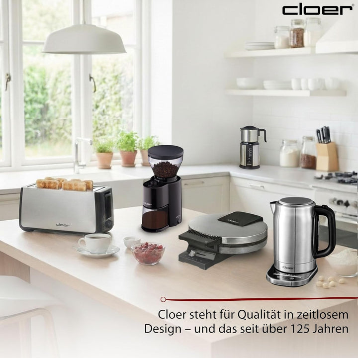 Cloer 4459 Touch-Wasserkocher, Basisstation mit Glasoberfläche-LED-Anzeige, 1,7 Liter, Edelstahl Tou