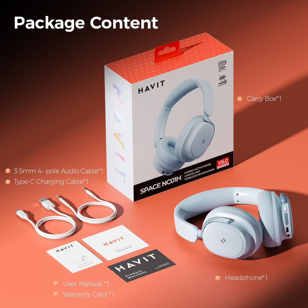 havit SPACE NC01H Hybrid Active Noise Cancelling Kopfhörer, Over Ear Bluetooth Kopfhörer mit 4 Mic E