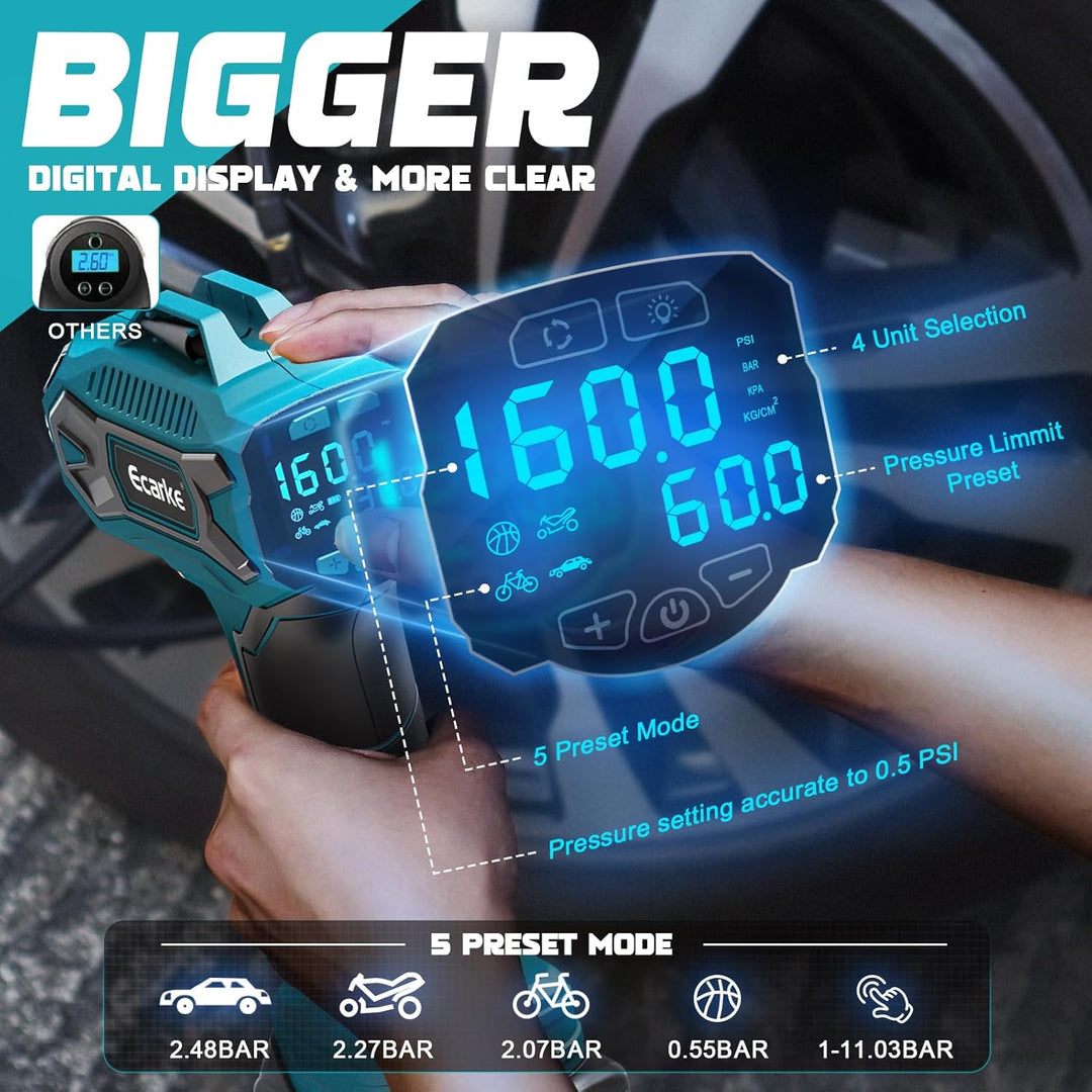 Ecarke Akku-Autokompressor für Makita 18V Li-Ion, Max. 11 bar, Tragbare Akku Luftpumpe mit Digitalem