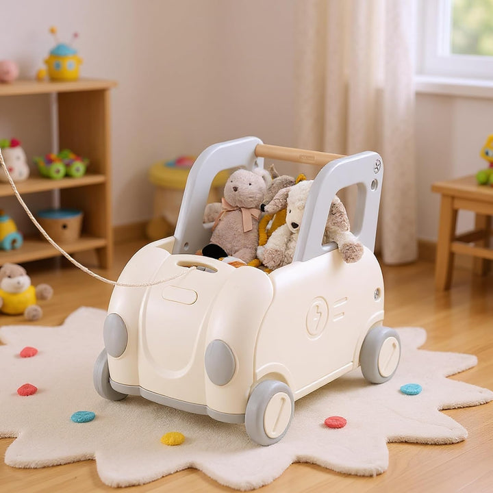 COSTWAY Baby Lauflernwagen, Lauflernhilfe mit Griff & Zugseil & Klappsitz, Spielzeugkiste auf Rädern