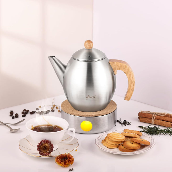 glastal 1200ml Silberne Teekanne Edelstahl mit Siebeinsatz und Doppelwandige Kanne mit Decke, Thermo