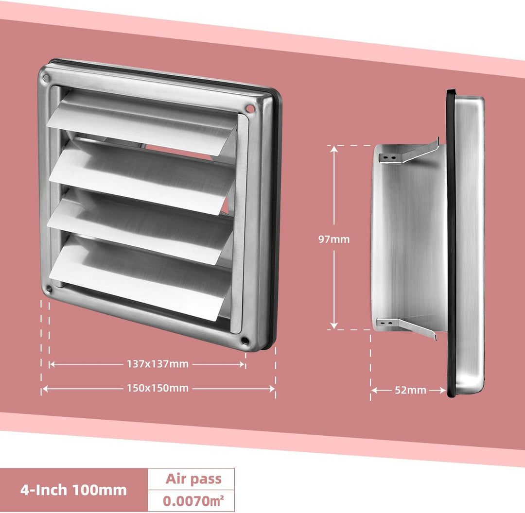 Edelstahl Wetterschutzgitter Lüftungsgitter 100mm 125mm 150mm bewegliche Lamellen, 100mm