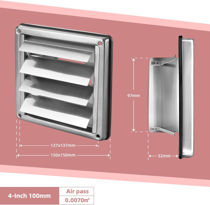 Edelstahl Wetterschutzgitter Lüftungsgitter 100mm 125mm 150mm bewegliche Lamellen, 100mm