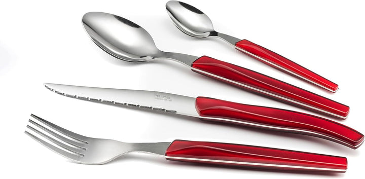 Lou Laguiole RISING SUN Besteck Set 6 Personen | 24-teilig | Rot glänzend | Essbesteck 6 Personen sp