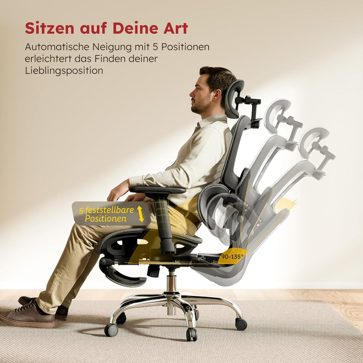 Ergonomischer Bürostuhl Voll-Mesh mit Abnehmbarem Kissen, Fussstütze, Höhenverstellbarem Rückenlehne
