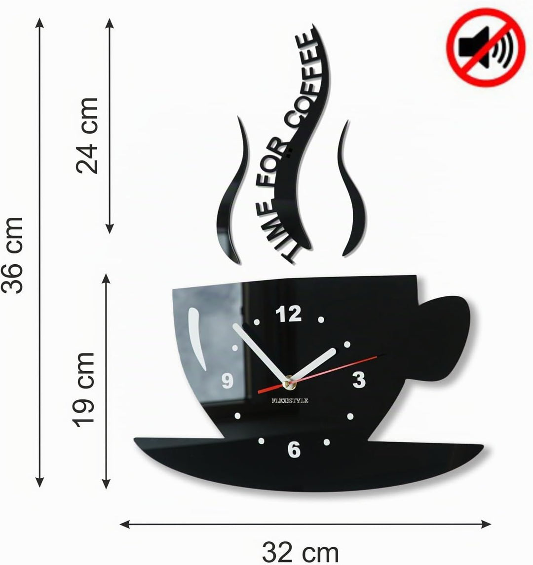 FLEXISTYLE Tasse Time for Coffee (Zeit für Kaffee) Moderne Küche Wanduhr, Vanille Ecru, 3D römisch,