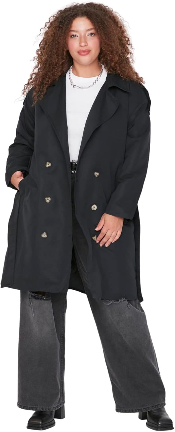 TRENDYOL Damen Wickelform Zweireihig Plain Webstoff Grössen in Trenchcoat Coat 44 Grosse Grössen Sch