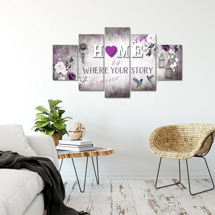 Runa Art Bild Wohnzimmer Home 5 Teilig Vintage Grau Lila Wandbilder auf Vlies Leinwand 037653b