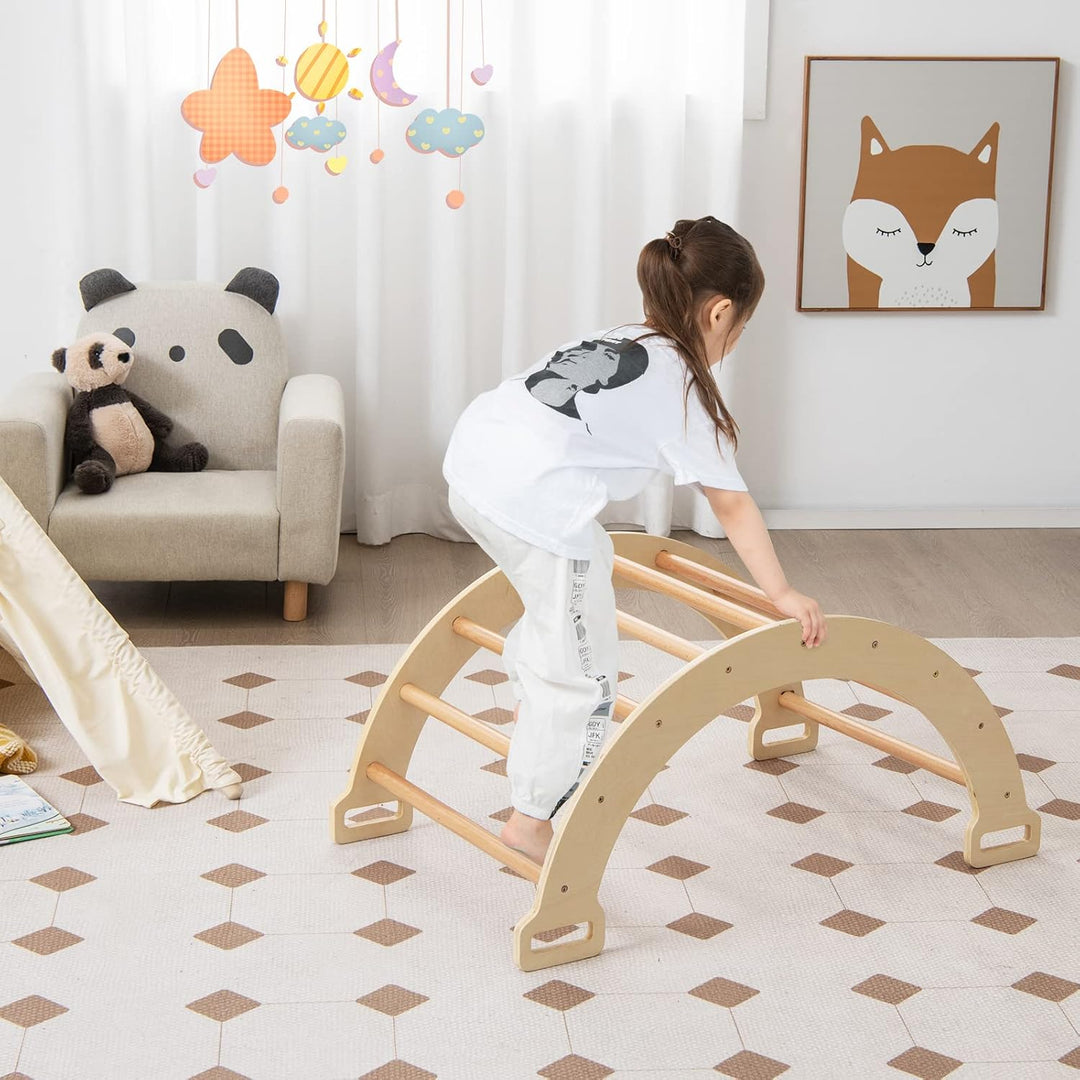 HOMASIS Kletterbogen mit Kissen, Holz Klettergerüst Indoor, Montessori Holzwippe Bogenwippe zum Wipp
