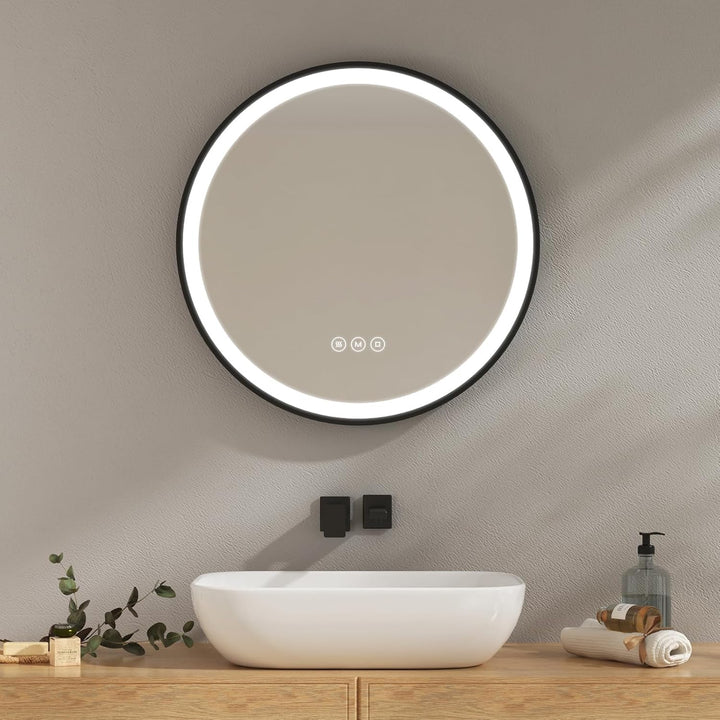 EMKE Badspiegel mit Beleuchtung 60cm wandspiegel rund mit 3 Lichtfarbe dimmbar, Antibeschlag, Speich