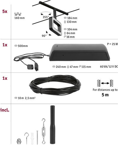 Paulmann 94485 LED Seilsytem Frame Basisset 5x400lm incl. 5x4,8 W Warmweiss Schwarz matt, Chrom Kuns