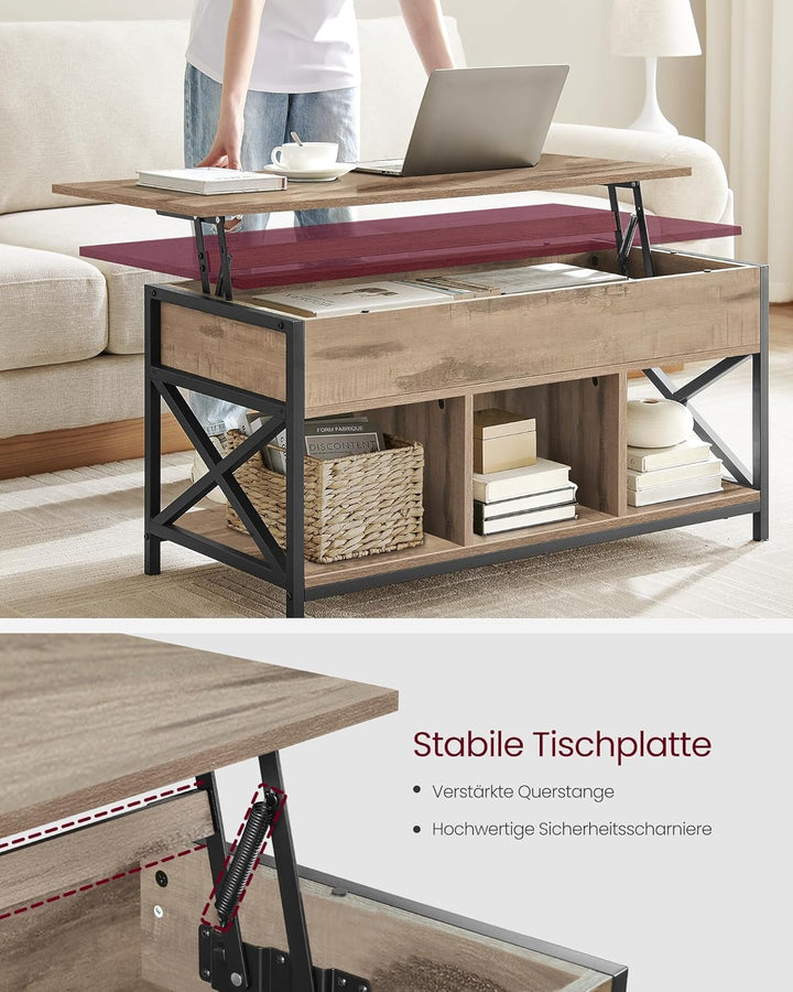 VASAGLE Couchtisch, höhenverstellbarer Wohnzimmertisch, Kaffeetisch, mit 1 verstecktem Fach und 3 of
