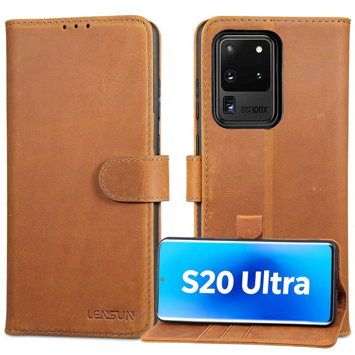 LENSUN Echtleder Hülle für Samsung Galaxy S20 Ultra, Handyhülle Leder [Magnetverschluss][RFID Schutz