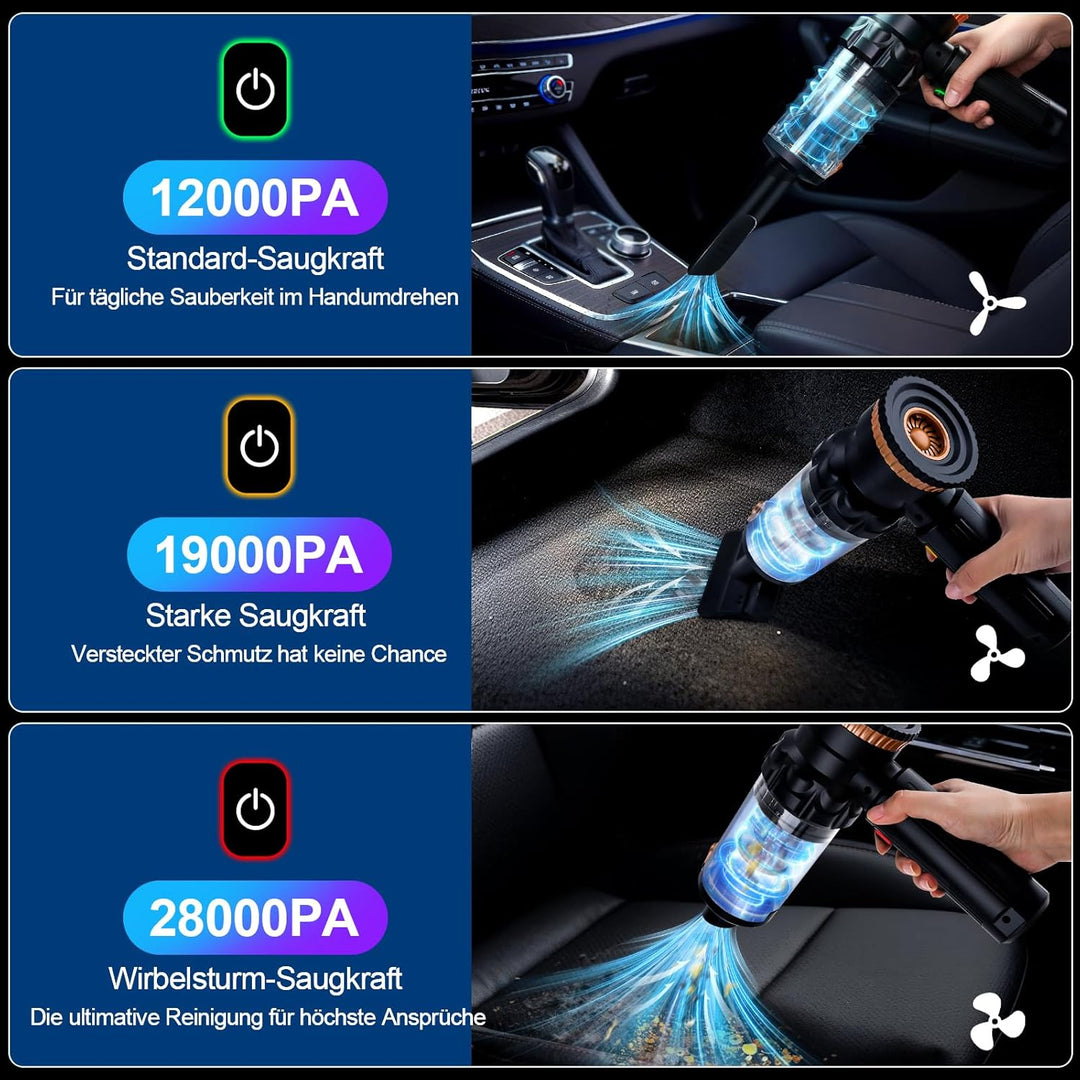 Handstaubsauger Auto, 4-in-1 Handstaubsauger Akku Kabellos, 28000Pa Autostaubsauger, 3-Gang Auto Min