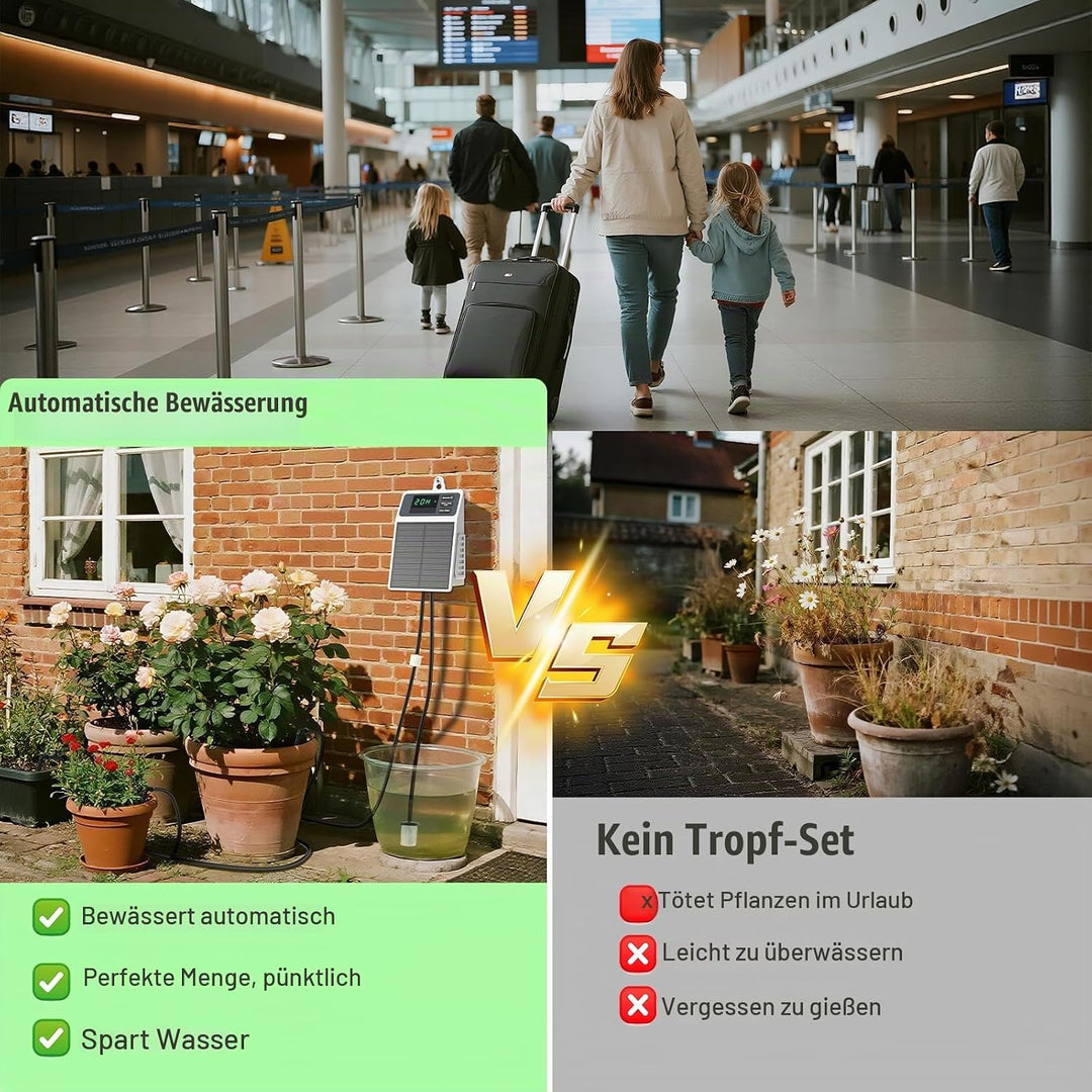 Solar Automatisches Bewässerungssystem für Pflanzen, IP65 Wasserdicht, Solarbetriebene Gartenbewässe