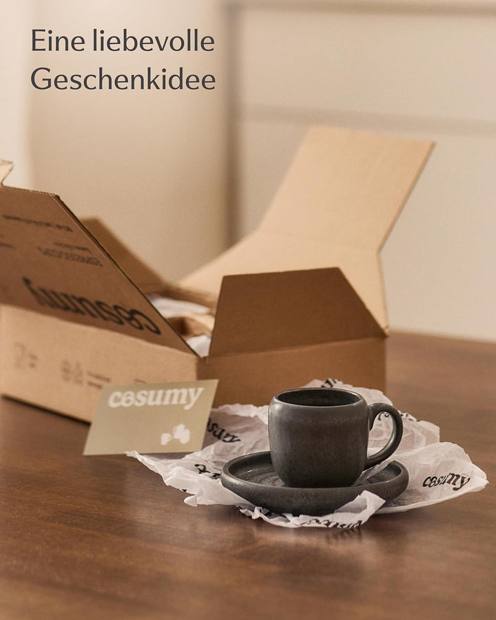 Cosumy 4er Espressotassen Set mit Untertassen Schwarz – 90 ml Keramik Espresso Tassen Set – Hält lan