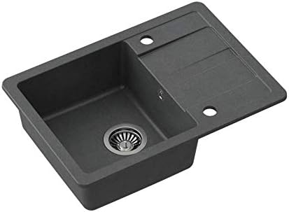 VBChome Spülbecken Schwarz mit Armatur 62 x 44 cm Granit Einzelbecken Einbauspüle Abtroffläche gespr