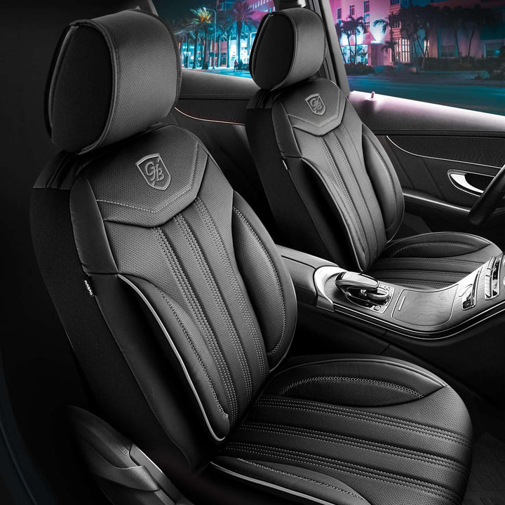 Autositzbezüge Universal für PKW & SUV – Premium Vordersitze Auto Sitzbezug aus Leder, Schwarz-Grau,