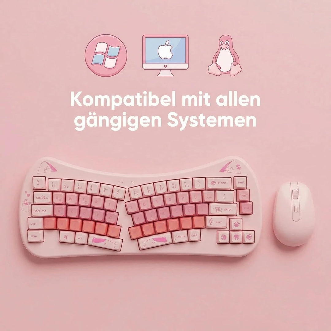 Rii Tastatur und Maus Set Katzenohren-Design, Kabellos 2,4GHz, Pastell Rosa, Kompaktes Schreibgerät