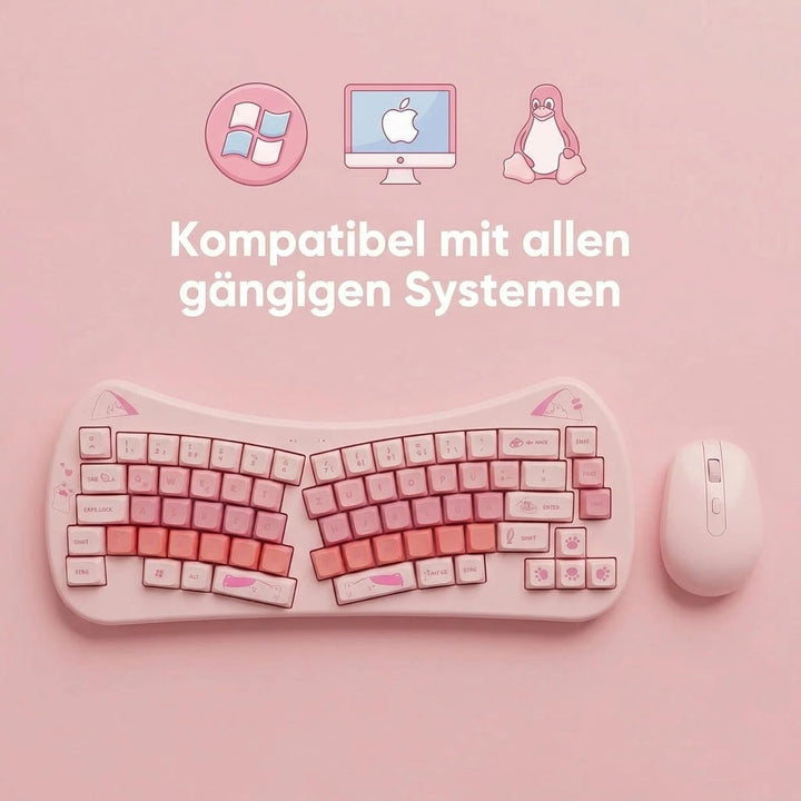 Rii Tastatur und Maus Set Katzenohren-Design, Kabellos 2,4GHz, Pastell Rosa, Kompaktes Schreibgerät