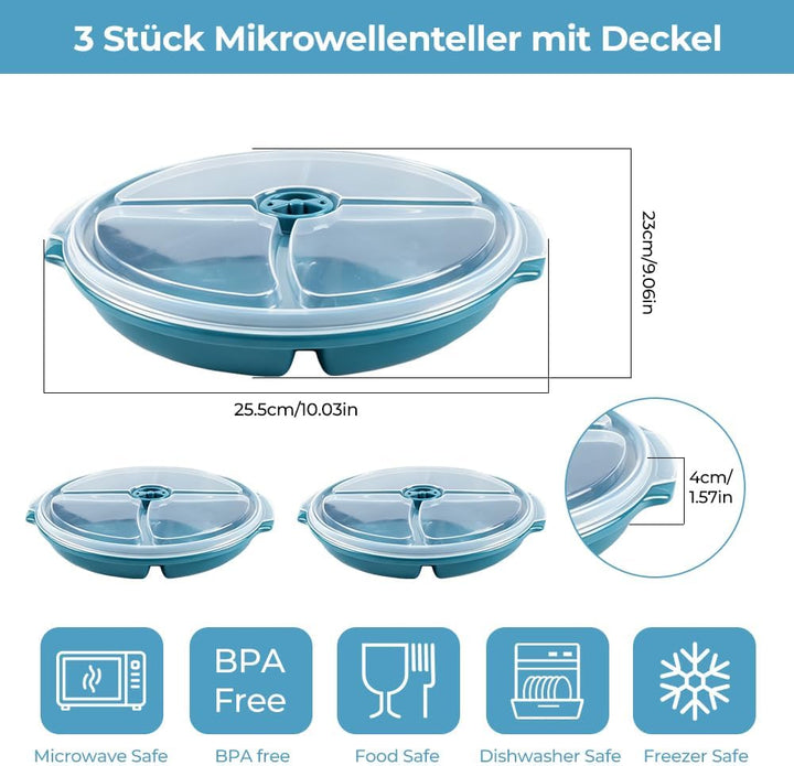 3er Set Mikrowellen Teller mit 3 Fach mit Belüftungsdeckel BPA frei, Vorrats Dose Aufbewahrung Gesch