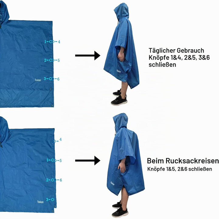 Azeekoom Regenjacke Regenponcho, Regenmantel Wasserdicht Unisex Camping Zelt Campingdecke 3 in 1 Mul