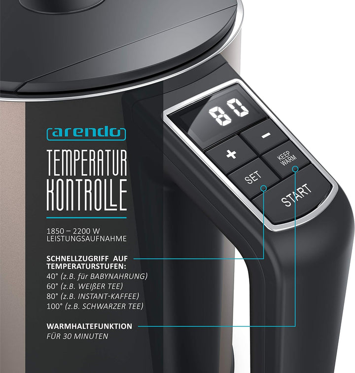 Arendo - Edelstahl Wasserkocher mit Temperatureinstellung 40-100 Grad in 5er Schritten - Doppelwand
