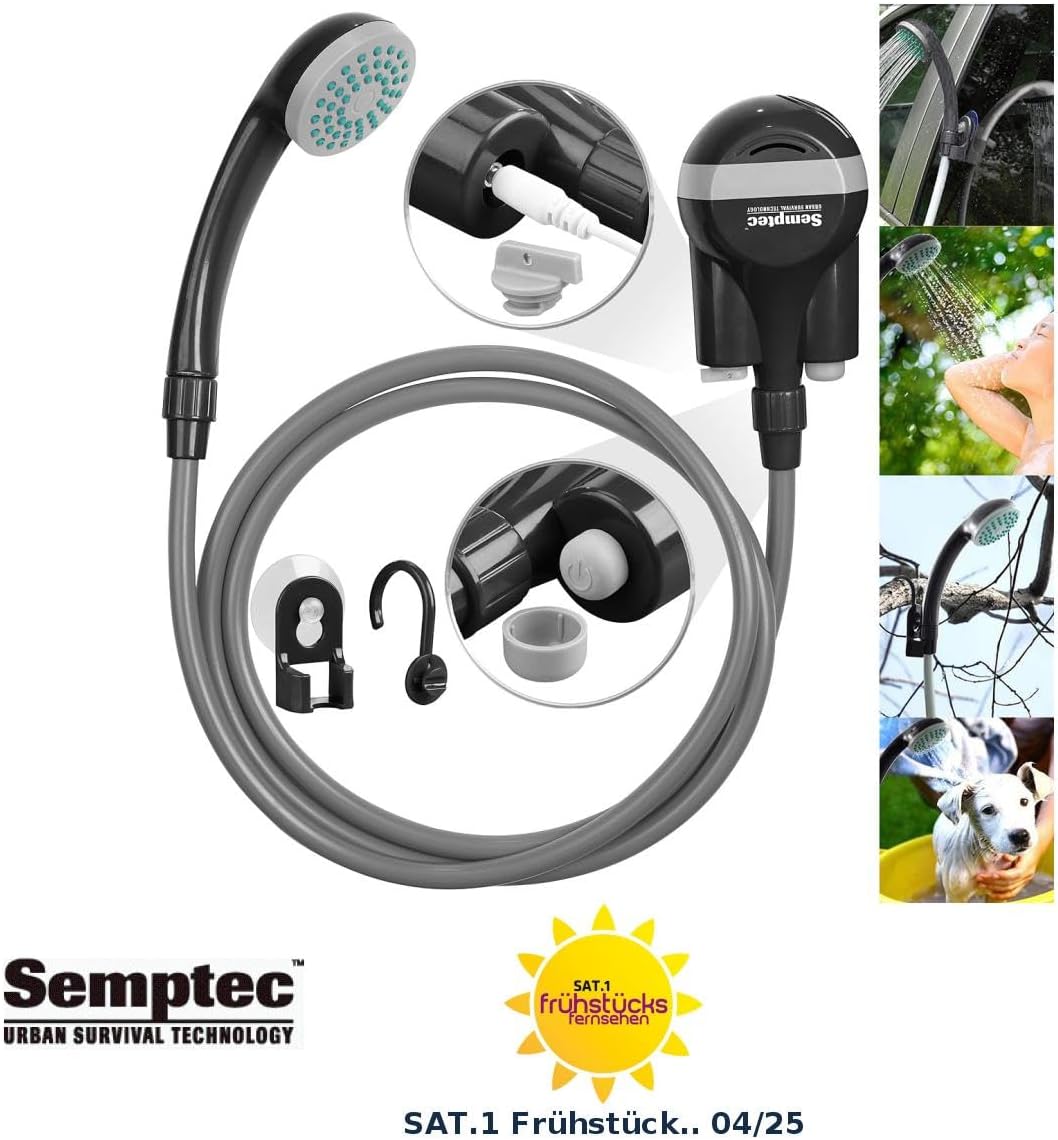 Semptec Urban Survival Technology Campingdusche: Akku-Camping-Dusche mit Tauchpumpe, Saugnapf, Haken