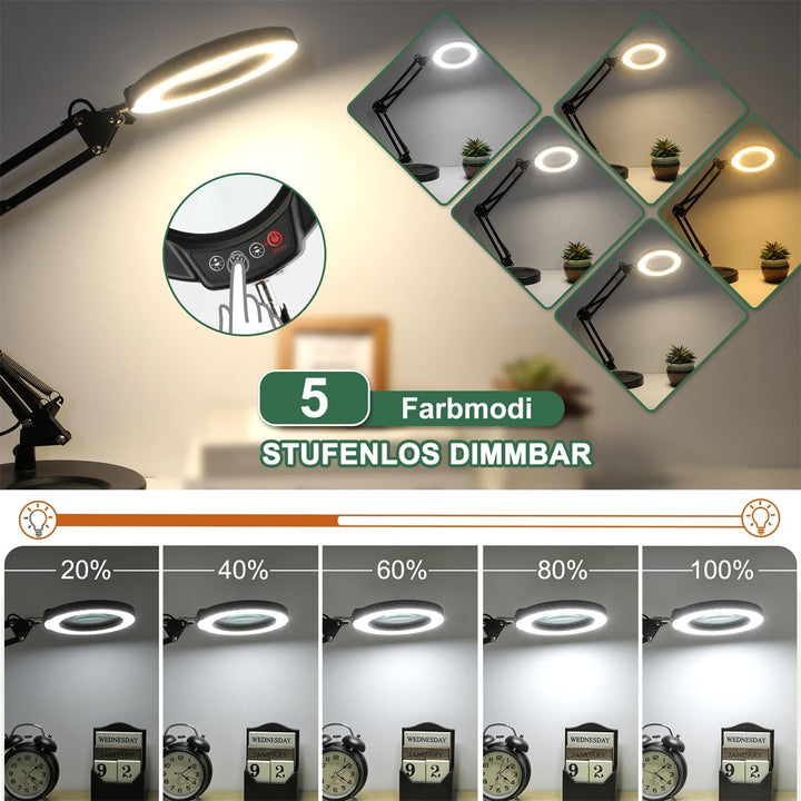 10X Lupe mit Licht und Ständer, Echter Glaslinse 2-in-1 Lupenlampe und Klemme, LED Beleuchtete Lupe