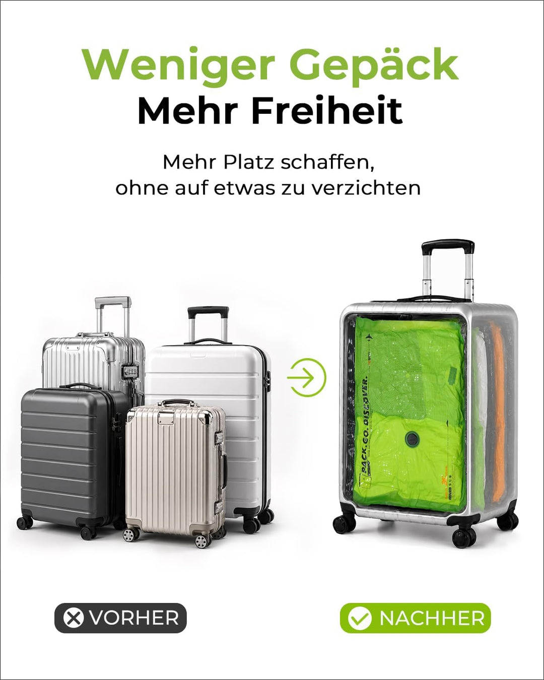Vacbird 10 Stück Vakuumbeutel für Kleidung mit kabelloser Vakuumpumpe, 4 x 40x54cm, 4 x 47x64cm, 2 x