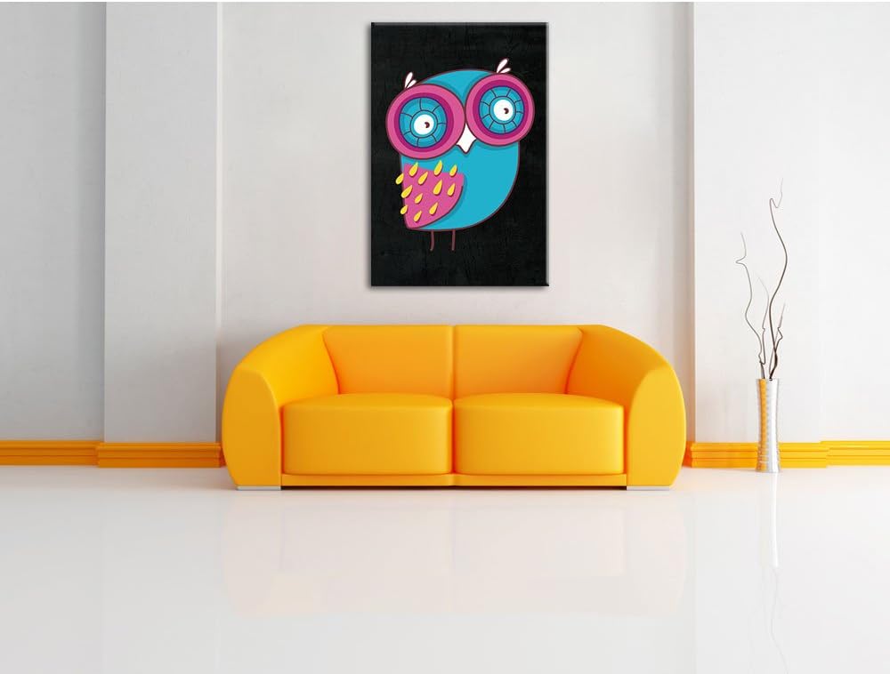 Pixxprint Lustige Blaue Eule stehend schwarz, Format: 70x100 auf hochkantiges Leinwandbild, XXL ries