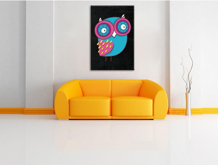 Pixxprint Lustige Blaue Eule stehend schwarz, Format: 70x100 auf hochkantiges Leinwandbild, XXL ries