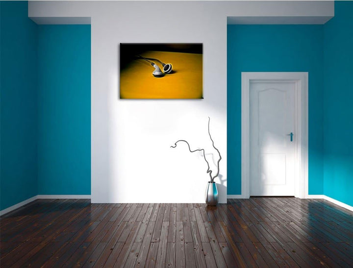 Dark klassische kleine Kopfhörer schwarz/weiss Deluxe Format: 100x70 cm auf Leinwand, XXL riesige Bi