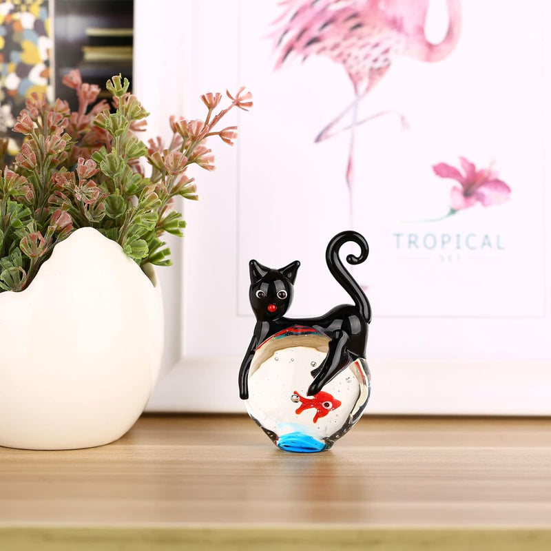 Tooarts kleines Glasornament, Motiv: Katze und Goldfisch, Figur, Geschenk, Ornamente für Zuhause, mu