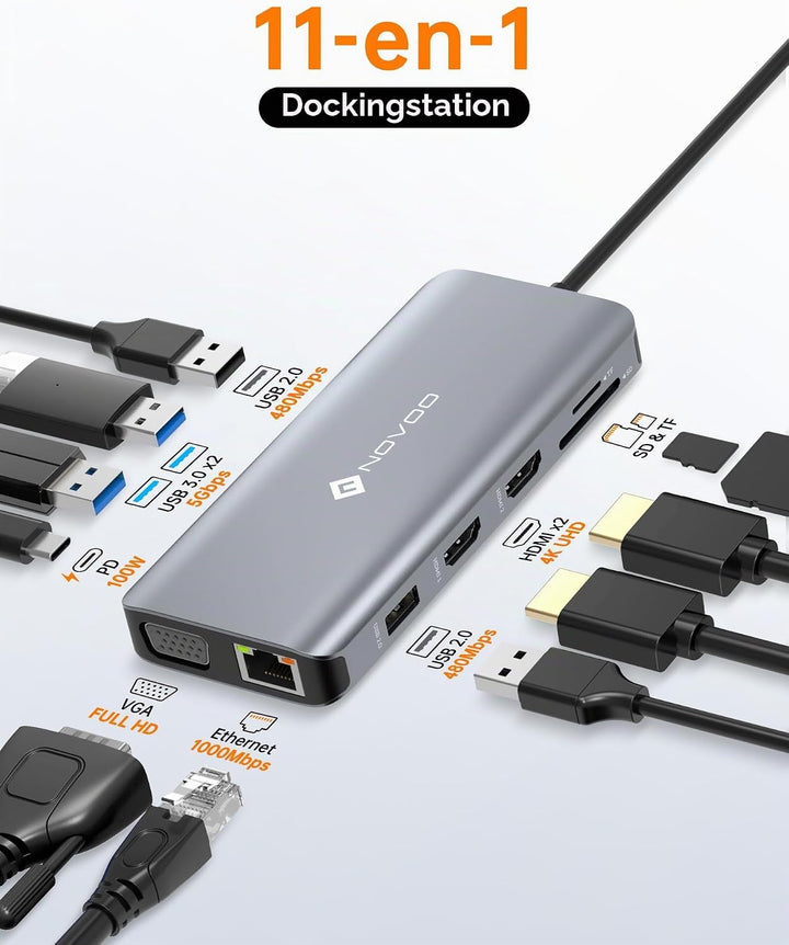 NOVOO Docking Station 11 in 1, USB C Hub Dual HDMI, Multiport Dock USB C auf USB x 4, PD 100W, Gigab