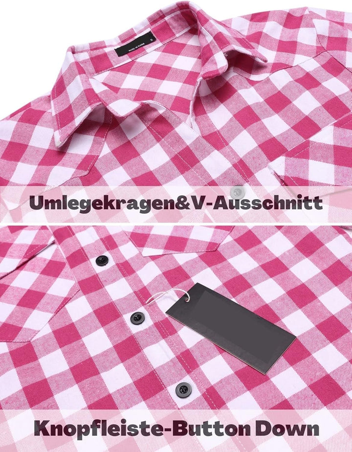 UNibelle Damen Kariertes Hemd mit Knopfleiste Kurz/Langarm Oktoberfest Bluse Karo Tunika Baumwolle T
