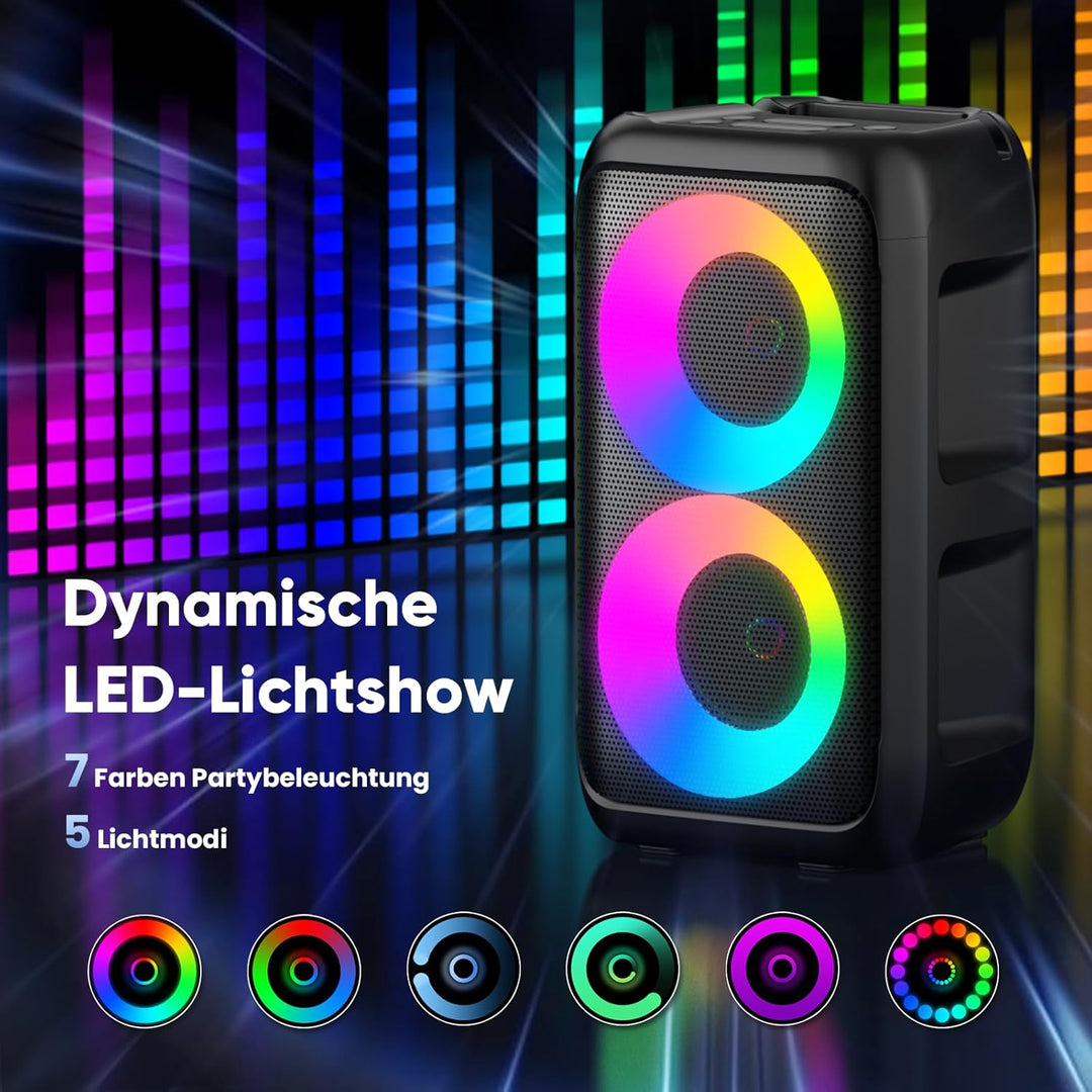 Partybox Bluetooth Party Lautsprecher mit 2 kabellosen Mikrofonen: 3-in-1 tragbare Musikbox für Gebu