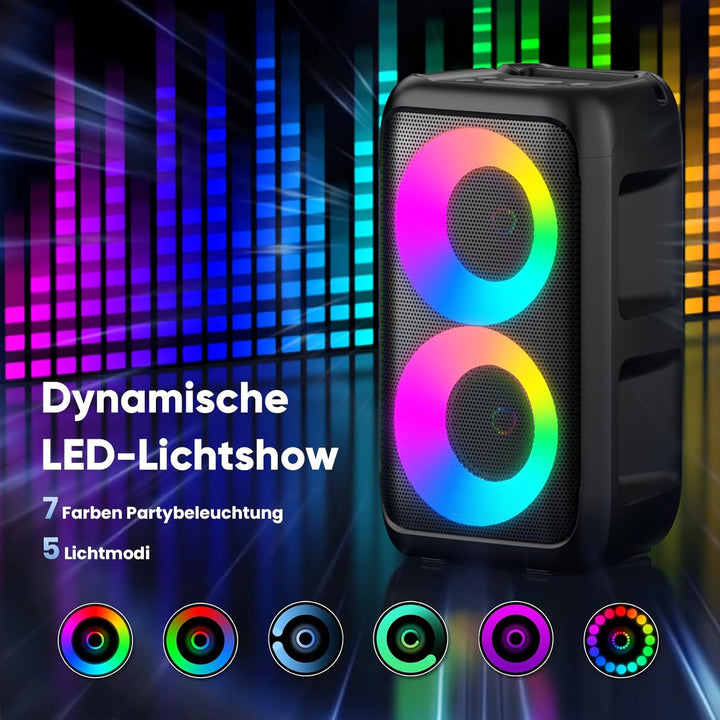 Partybox Bluetooth Party Lautsprecher mit 2 kabellosen Mikrofonen: 3-in-1 tragbare Musikbox für Gebu